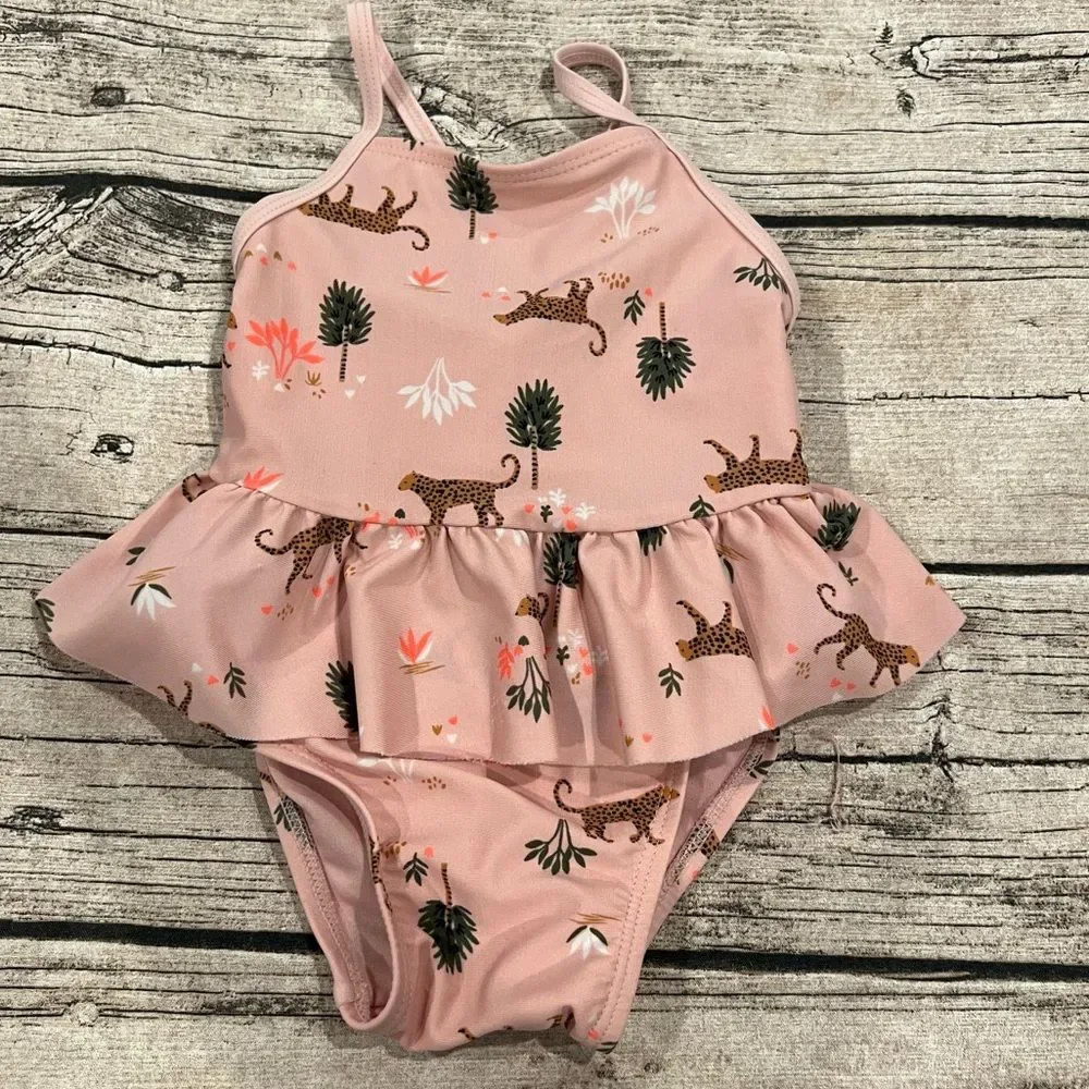 Old Navy Pink One Piece Ruffled Swimsuit with jungle print, size 12-18